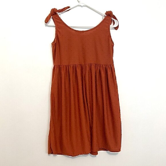 SEE YOU MONDAY Burnt Orange Swiss Dot Tie Shoulder Strap Mini Fit & Flare Dress - Picture 7 of 12